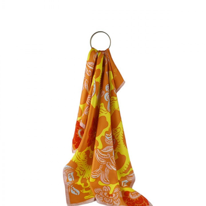 Yellow/orange silk scarf printed with Youth Garden